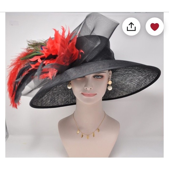 Black red feathers Flowers Kentucky Derby Tea Party Wide Brim Hat Handmade - Picture 9 of 10
